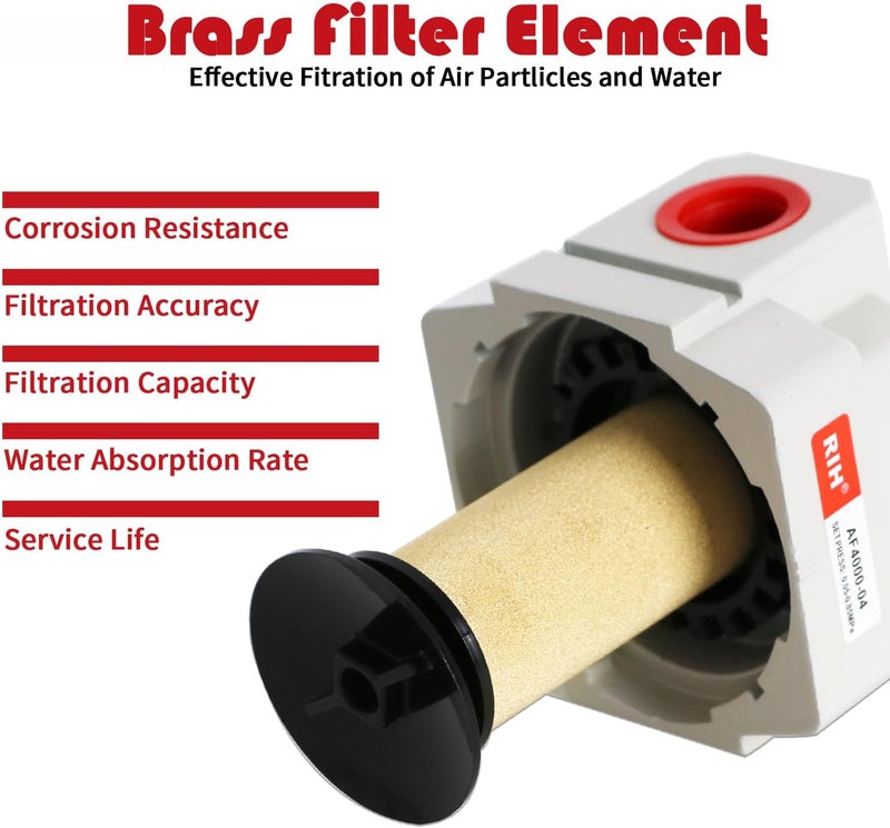 RH 1/2" NPT Air Dryer for Compressor, Air compressor water separator,air compressor filter,AF4000-04 Manual Drain,5 Micron Brass Element, Poly Bowl 0-150 psi 5μm - Image 3